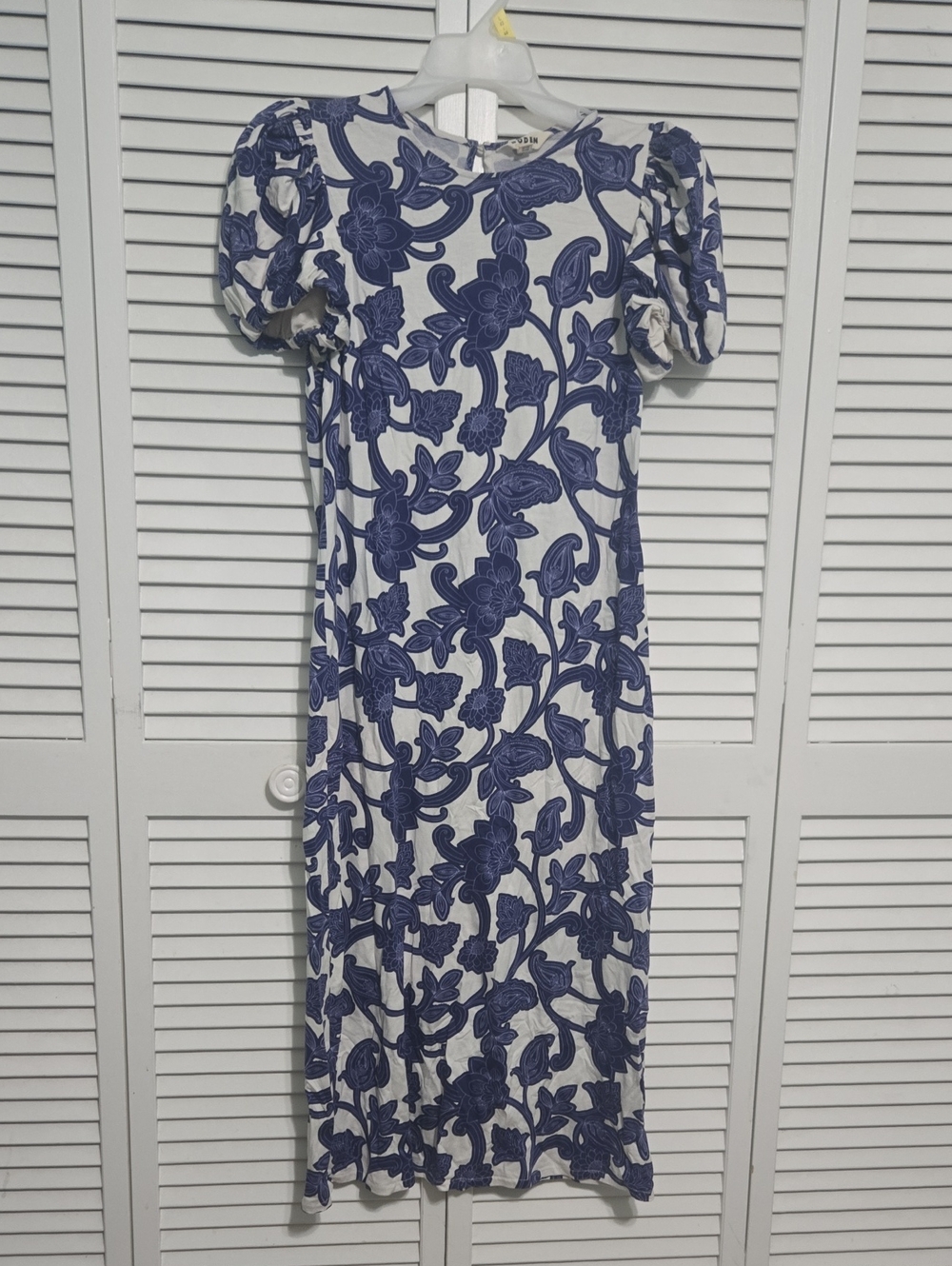 Boden White Midi Dress with Blue Floral Pattern and Puff Sleeves